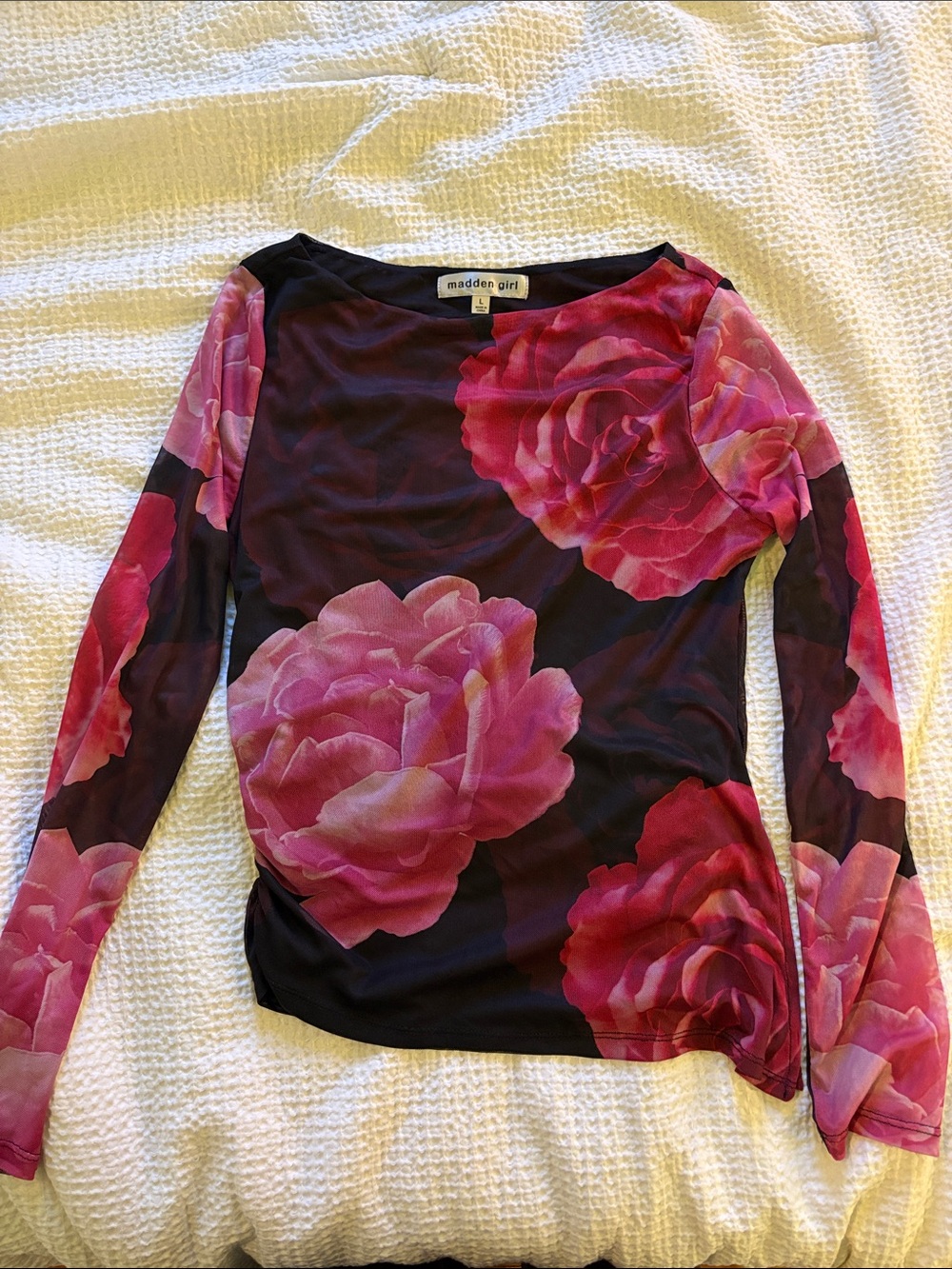 Madden Girl Black Long-Sleeve Top with Pink Rose Print